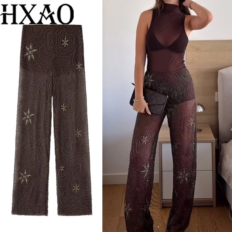 HXAO Women's Pants 2025 Beaded Tulle Pants For Woman Baggy Sequin New In Pants Spring Summer Semi Sheer Women's Trousers 088