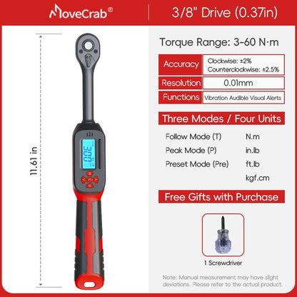 Chave de Torque Digital MoveCrab 0.6-340Nm ±2% Alta Precisão Catraca Bidirecional Alarme Sonoro e LED para Medição de Precisão