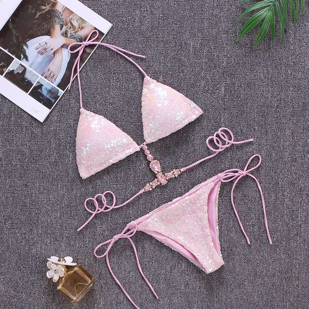 Sequins Sexy Bikinis Swimsuit With Rhinestones Women Swimwear Female Push Up Bikini Beach Swim Wear Bathing Suits Pool Bather