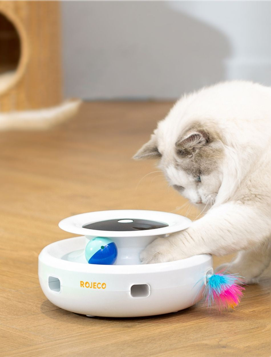 ROJECO Brinquedos Inteligentes para Gatos 2 em 1 Brinquedo Automático de Pena e Bola Divertida para Gatos e Cães, 5 Modos, Acessórios Eletrônicos Interativos para Animais de Estimação