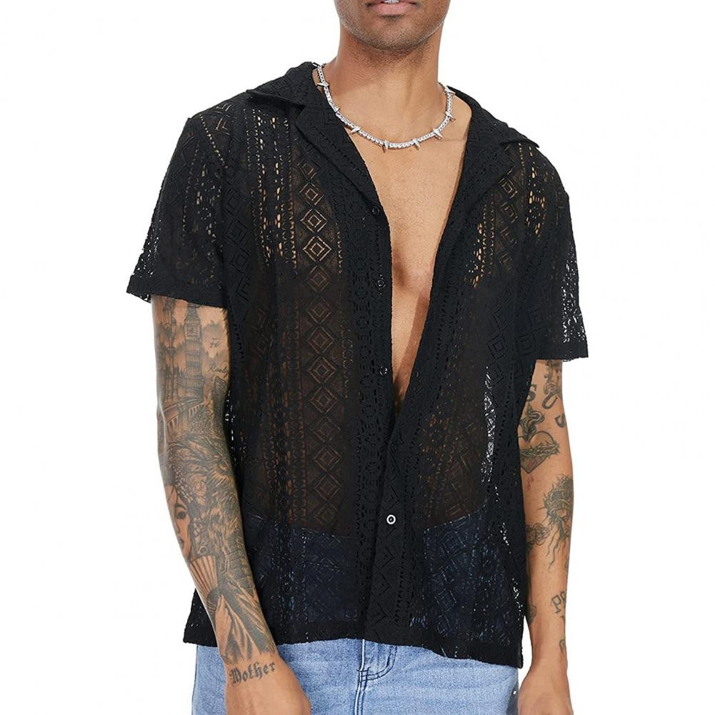 Stylish Men T-shirt Mid-length Solid Color Soft Breathable See-through Men Shirt  Men Shirt Daily Wear