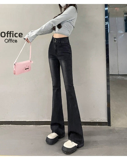 High Waist Fce Lined Thiened Autumn Winter American Bla ey Micro Flared Jeans Women Slimming Legging  Hoof Pants