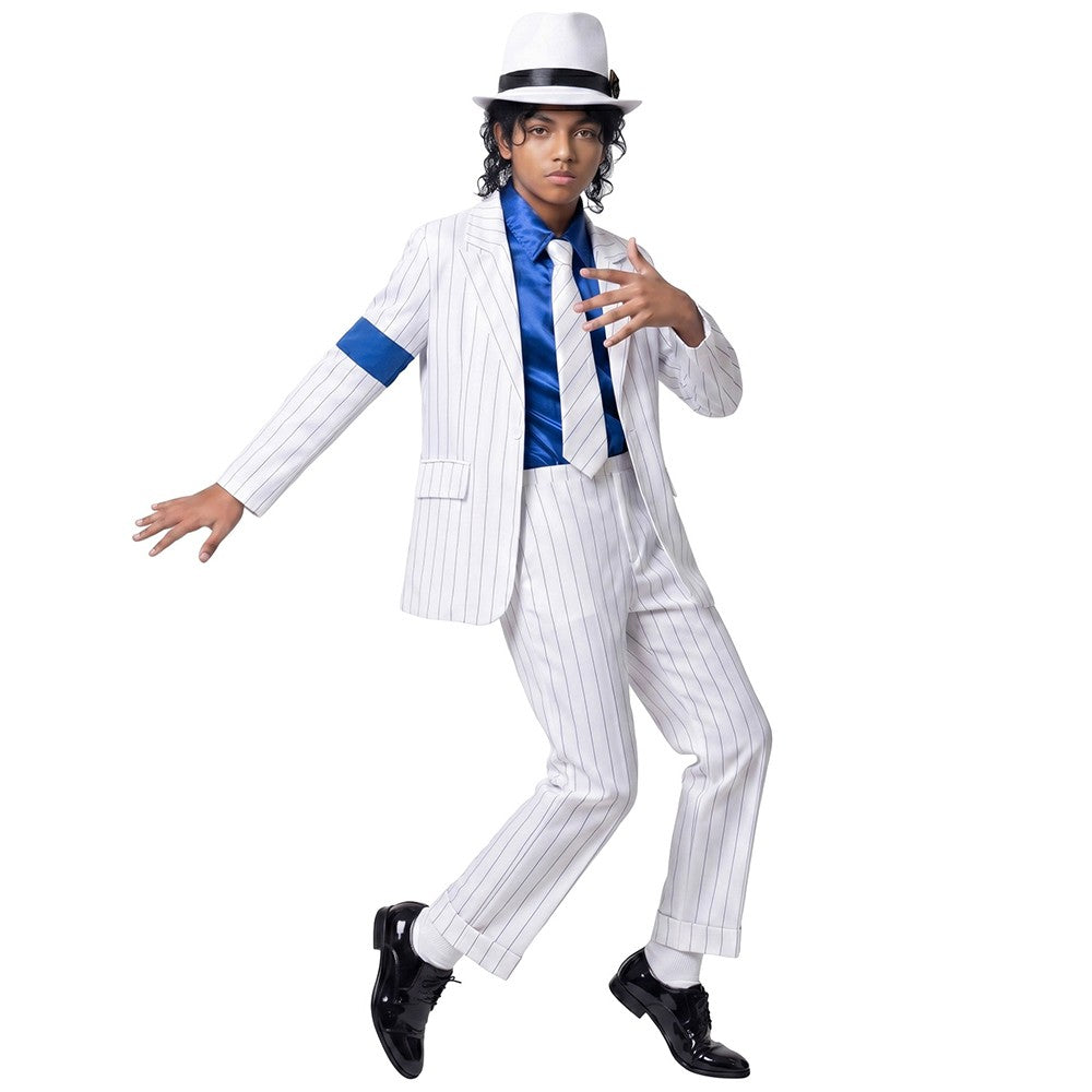 Kids Michael Jackson Cosplay Costume Boys White Striped MJ Suit Tap Dance Outfit Halloween Party Stage Performance Dance Costume