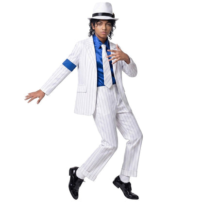 Kids Michael Jackson Cosplay Costume Boys White Striped MJ Suit Tap Dance Outfit Halloween Party Stage Performance Dance Costume