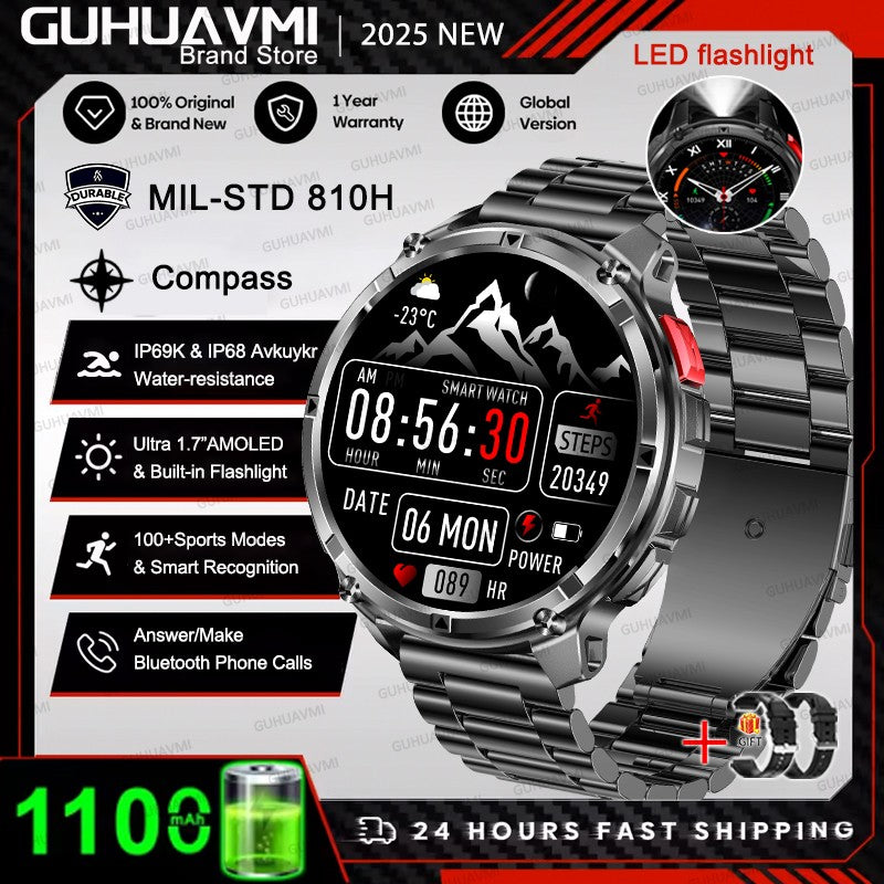 Smartwatch Masculino 2026 Novo Militar 1100mAh Bateria Tela AMOLED 1.7" Bússola GPS Lanterna Chamada Bluetooth 5ATM Natação