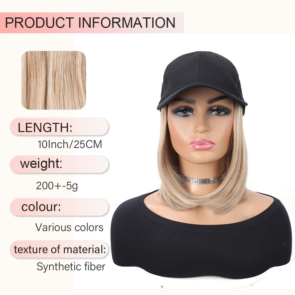Boné de Beisebol com Extensões de Cabelo Sintético Cabelo Liso Curto Bob Chapéu Peruca Ajustável Removível 25 cm para Mulher Menina