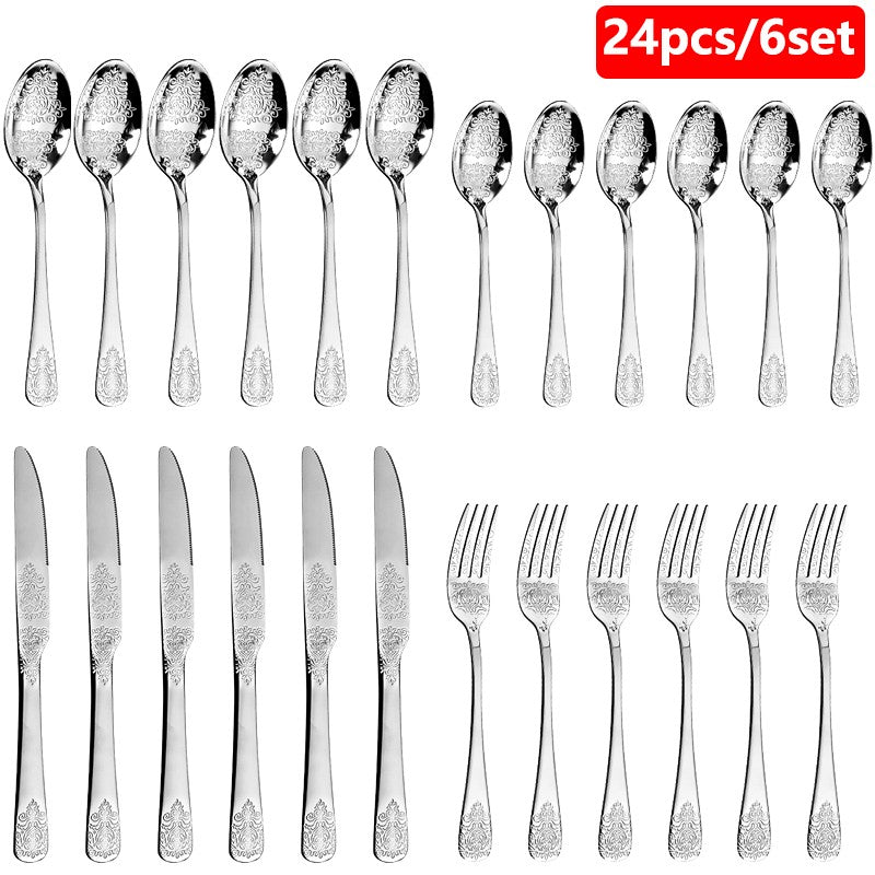 16/24Pcs Silverware Set,304 Stainless Steel Gold Cutlery Kit Mirror Polished Flatware Sets Vintage Carved Utensils Set Tableware