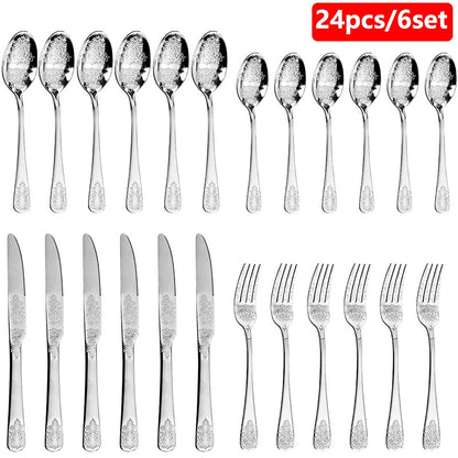 16/24Pcs Silverware Set,304 Stainless Steel Gold Cutlery Kit Mirror Polished Flatware Sets Vintage Carved Utensils Set Tableware