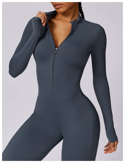 Women Yoga Jumpsuit Fitness Sports Suit Zipper Elastic One-Piece Bodysuits Gym Long Sleeve Gym Runing Push Up Workout Sportwear
