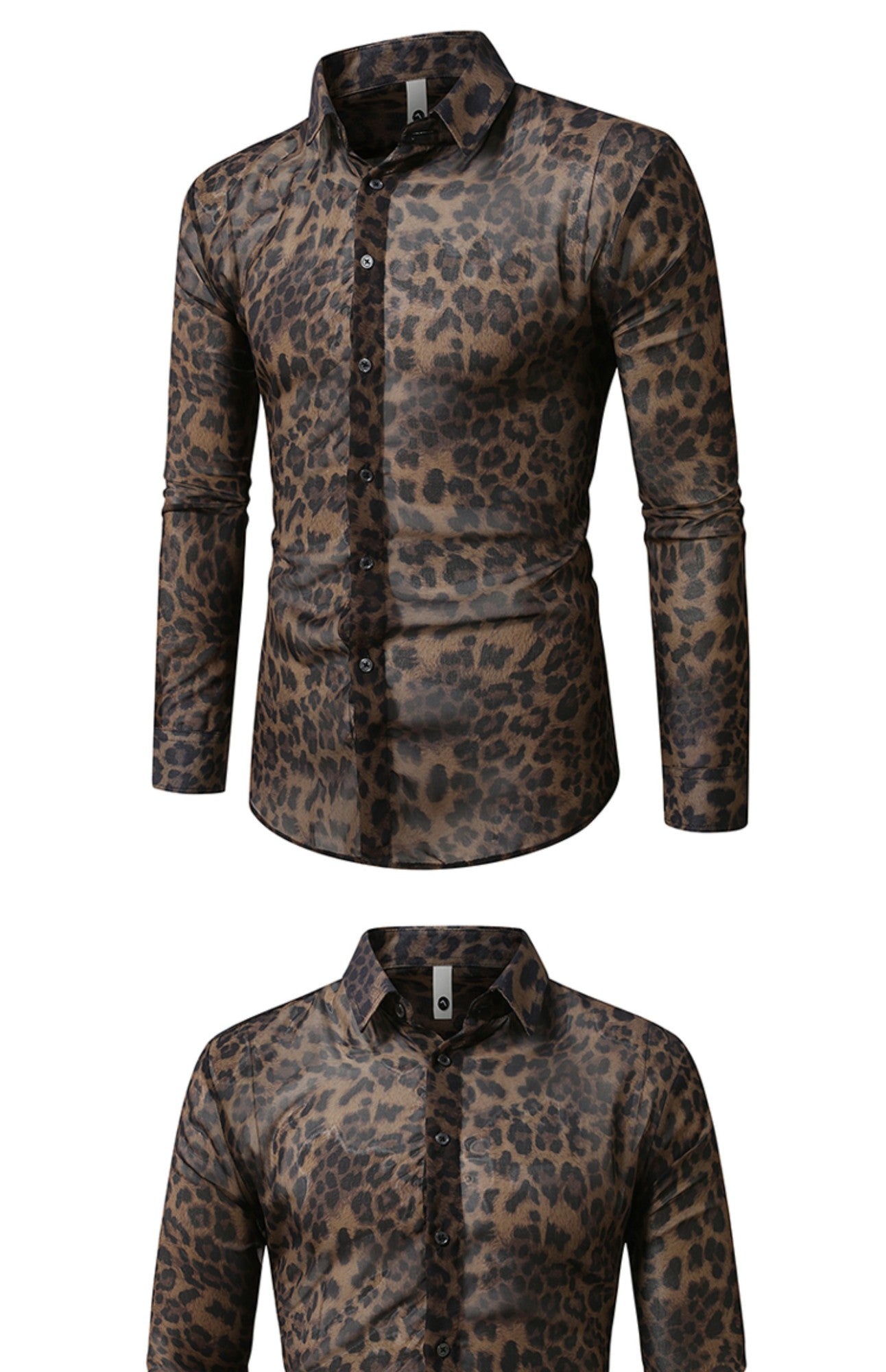 QJ CINGA Brand Men Leopard Print Long-sleeved Shirt, White Single-breasted Button-down Collar Printed Shirts, Asian Size M-6XL