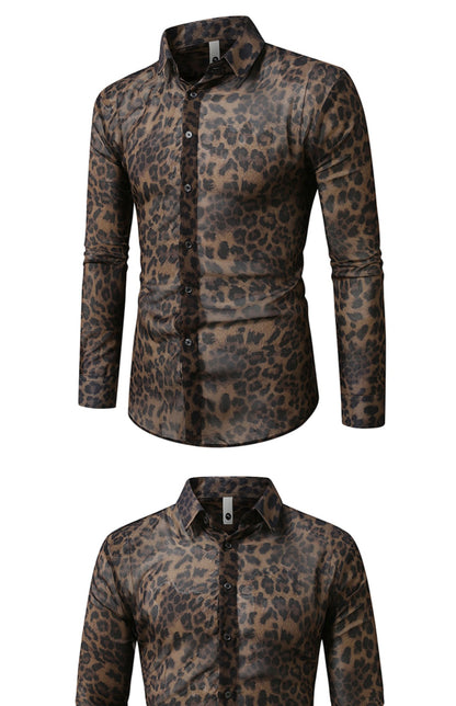 QJ CINGA Brand Men Leopard Print Long-sleeved Shirt, White Single-breasted Button-down Collar Printed Shirts, Asian Size M-6XL