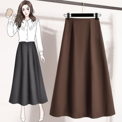 A-Line Mini Skirt High Waist Mid Length Skirts Women's Slimming Black Autumn Elastic Waist Design Solid Color Versatile Skirt