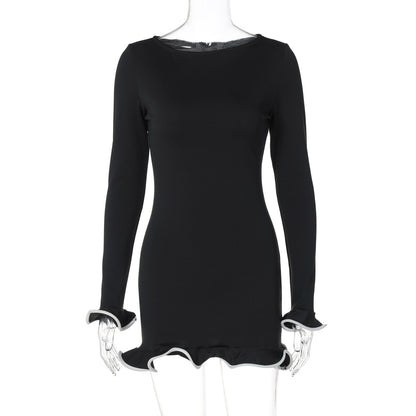 Dulzura O-Neck Long Sleeves Ruffles Patchwork Bodycon Mini Dress Sexy Elegant Ou