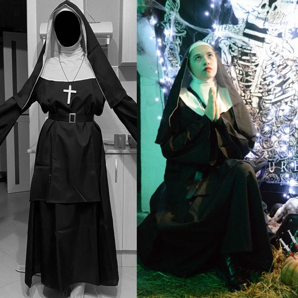Nun Dress Halloween Costume for Women Scary Cosplay Mary Priest Dresses