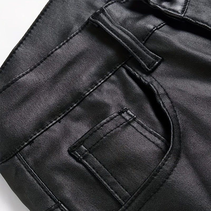 European and American men's plus size hot fashion black leather pants trend high-end slim fit small leg pants versatile pants