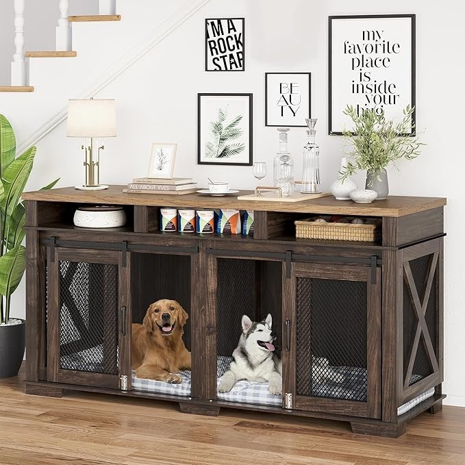 Móveis de Caixa para Cachorros de 180cm para 2 Cães, Canil com 3 Gavetas de Armazenamento e Divisória Removível, Gaiola Dupla Extra Grande para Cães como Suporte de TV