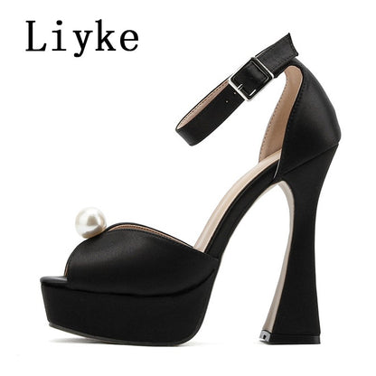 Liyke Sexy 13.5CM Super High Heels Platform Sandals Women Summer Fashion White Pearl Peep Toe Wedding Banquet Shoe Zapatos Mujer