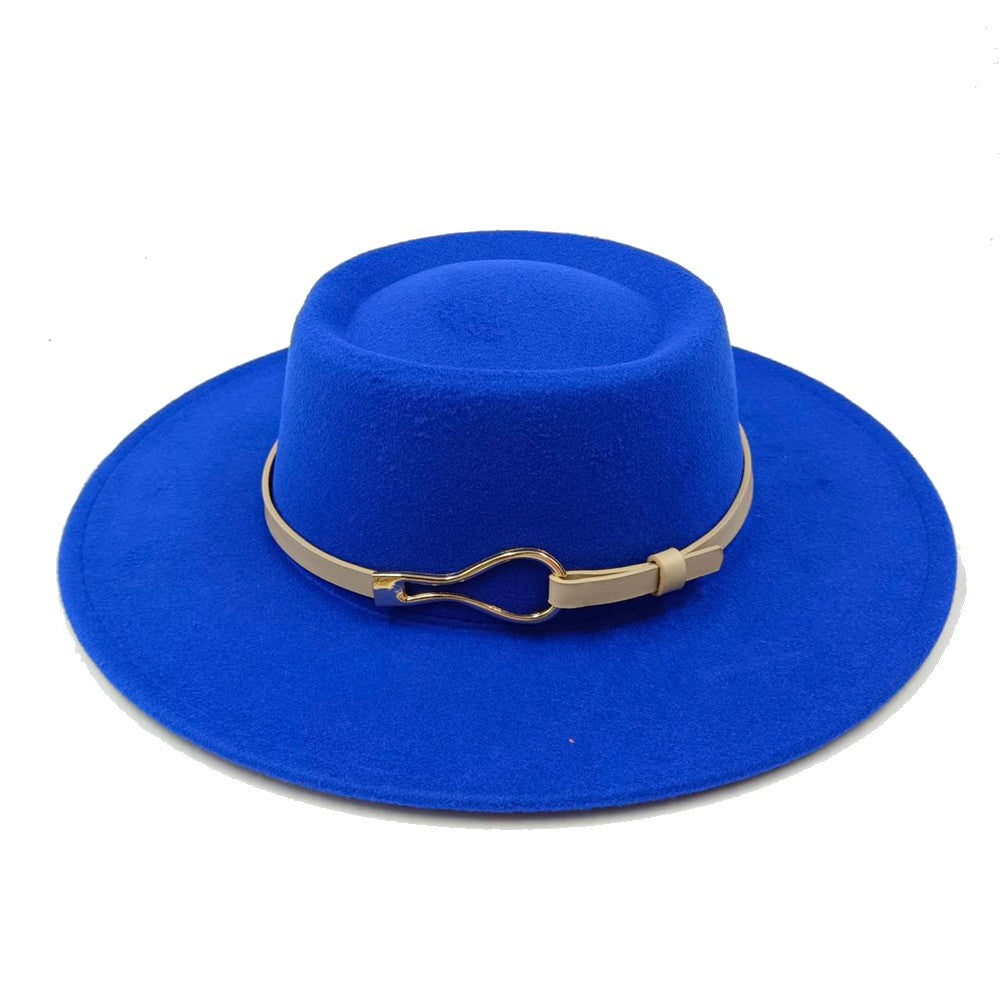 Acessórios femininos de fivela de couro metal com chapéu de feltro de pele com top côncavo e convexo, chapéu fedora e conjunto de bolsa combinando, estilo retrô