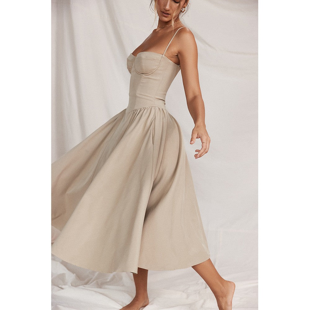 Summer Women Elegant Sleeveless Backless Pleated Dresses Lady Sexy Solid Sling M