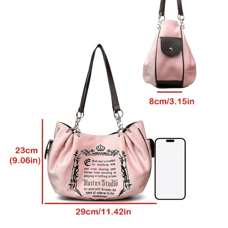 Letter Print Faux Suede Women Handbag Shoulder Bag, Retro Large Capacity Tote Bag for Daily Commuting and Hand-Carry.Pumpkin Bag