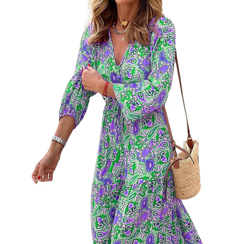 Women's Autumn New Fashionable Printed Sexy V-neck Long Sleeve High Waist Elasti