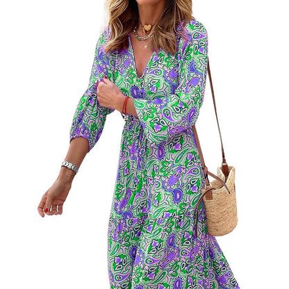 Women's Autumn New Fashionable Printed Sexy V-neck Long Sleeve High Waist Elasti