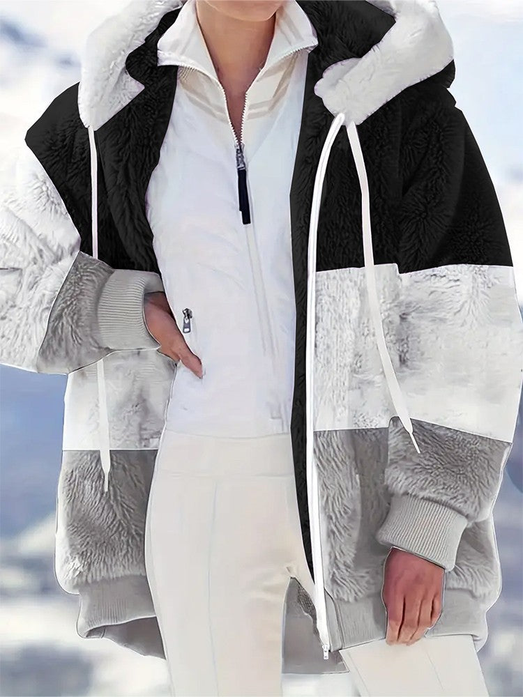 Plus Size Autumn/Winter New Arrivals Women's Autumn/Winter Drop-Shoulder Long-Sleeved Colour-Block Patchwork Fleece Hooded Jacke