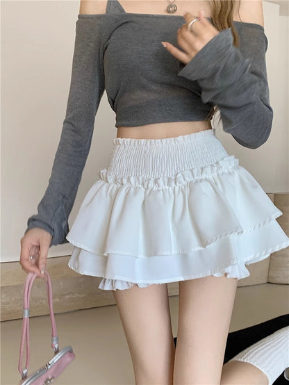 Mini Skirt Cute Sexy Balletcore Elastic High Waist Ball Gown Ruffle Patchwork Lo