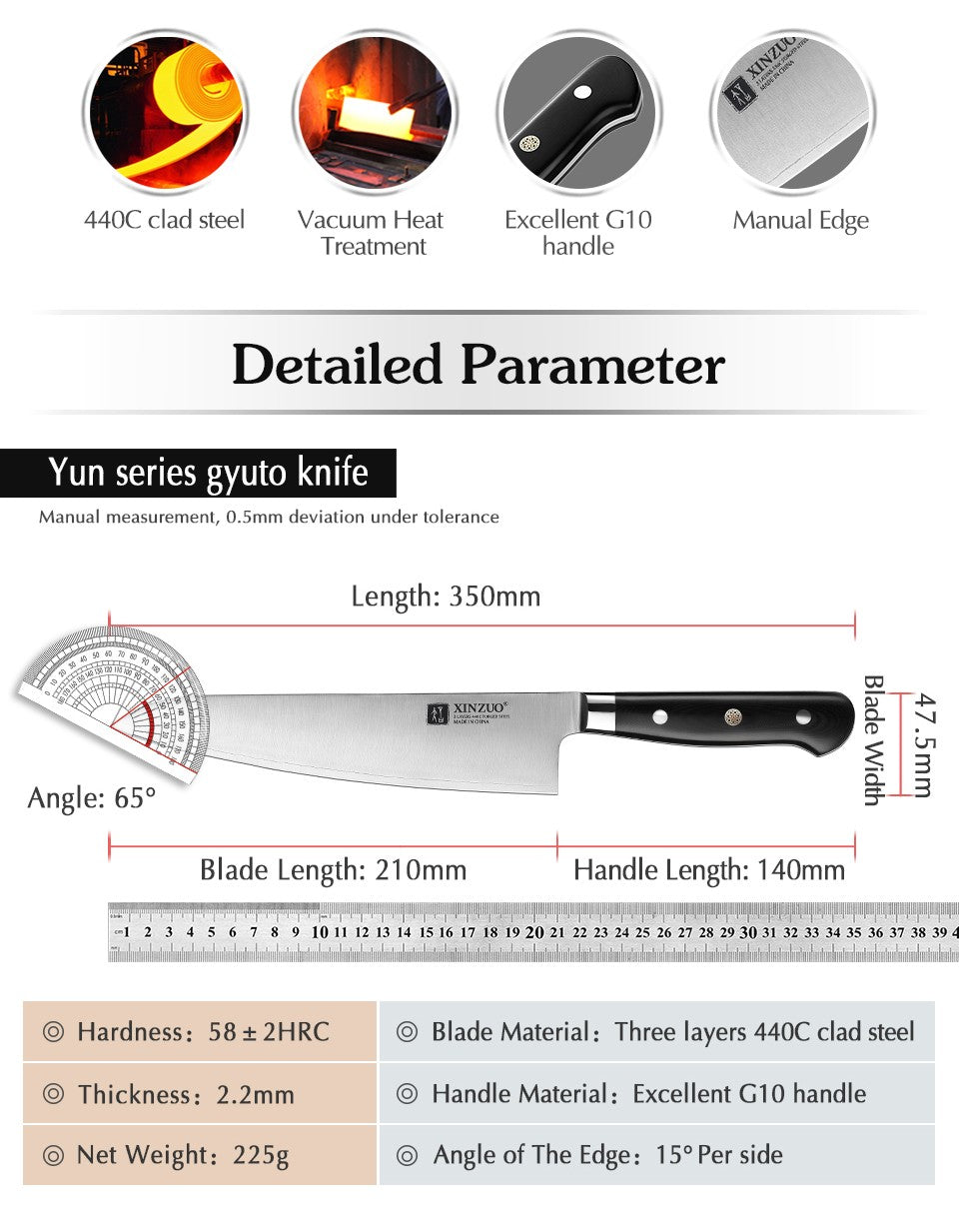 XINZUO 210mm Chef Knife 3 Layer 440C Core Clad Steel Kitchen Knives Stainless Steel Sharp Butchers Gyutou Knife with G10 Handle
