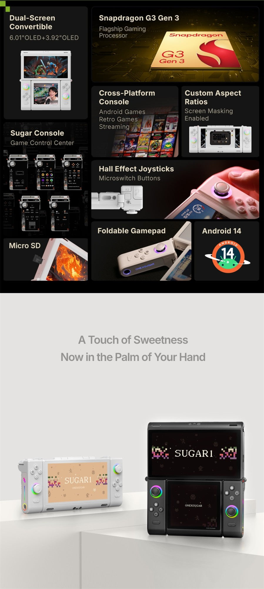 OneXugar SUGAR 1 Foldable Dual OLED Handheld Game Console Android 14 Snapdragon G3 Gen3 16GB 512GB Portable Gaming Handheld