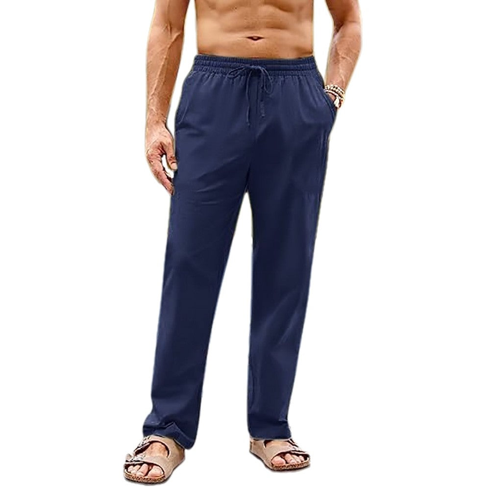 Calça Masculina de Algodão e Linho Pernas Retas Estilo Praia Leve Respirável Casual Com Cordão e Cintura Elástica