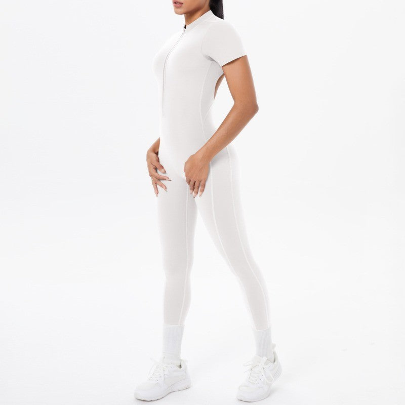 New Women's Yoga Jumpsuit Front Zipper Tight Back Hollow Out Short Sleeve-pants Activewear for Fitness Running Gym Workout