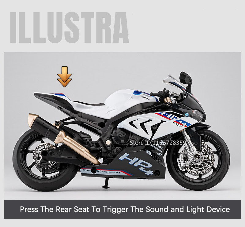 Miniaturas de Motocicletas de Brinquedo Modelo HP4 1:12 Liga Fundida com Som, Luz, Amortecimento, Pneus de Borracha, Enfeite, Presentes para Meninos