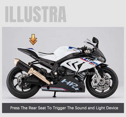 Miniaturas de Motocicletas de Brinquedo Modelo HP4 1:12 Liga Fundida com Som, Luz, Amortecimento, Pneus de Borracha, Enfeite, Presentes para Meninos
