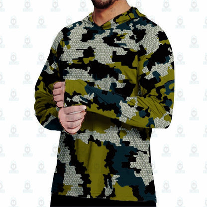 Camisa Masculina Camuflada de Manga Longa com Capuz para Pesca com Proteção Solar Anti-UV UPF 50+ para Caça e Atividades ao Ar Livre na Selva