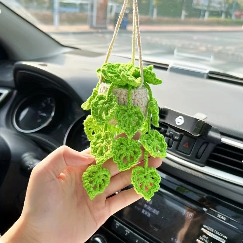 Acessório para Pendurar no Retrovisor do Carro Artesanal de Crochê Plantinha de Vasinho Decoração de Carro Acessórios para Interior de Carro