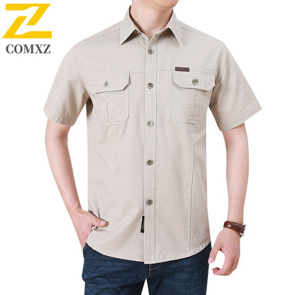 Summer Cargo Shirt Men's Casual Retro Cotton Pocket Short Sleeve Coat plus size Outdoor Camping Fishing Sweat Absorbing Shirt
