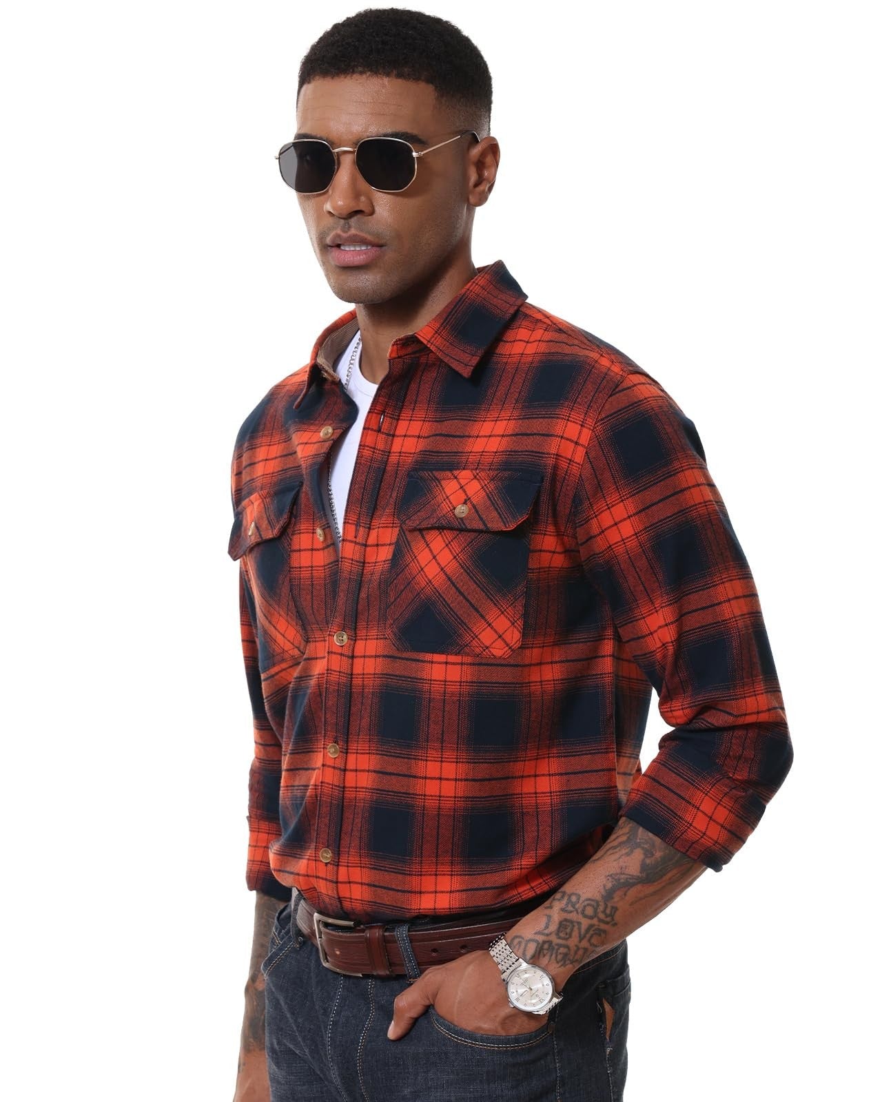 MAGCOMSEN Flannel Shirts Men's Long Sleeves Cotton Long Sleeve Plaid Shirt with 2 Pockets Button Down Casual Corduroy Shirt Male