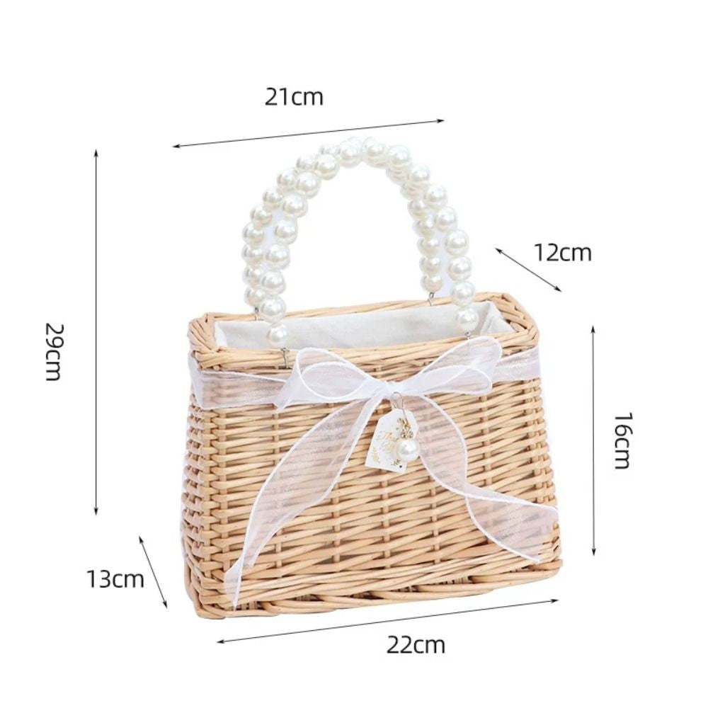 Straw Tote Hand Bags Summer Pearl Handle Handmade Knitted Handbag Storage Rattan Weaving Basket Shoulder Bag Women Girls