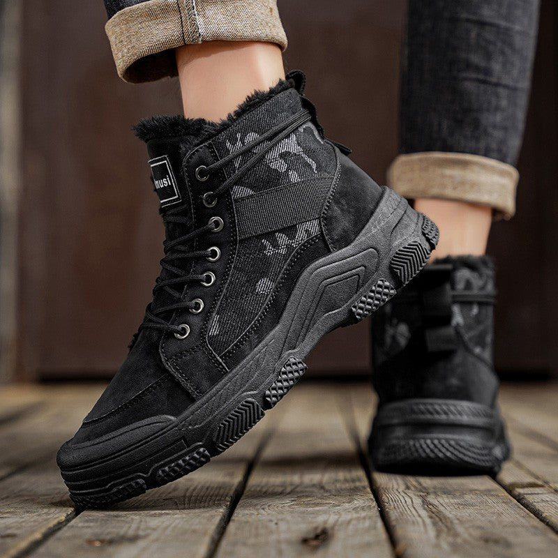 Winter Fleece Warm High-top Men's Shoes Trendy Casual Outdoor Solid Color Mid-top Fashionable Round Toe Plus-size Snow Boots