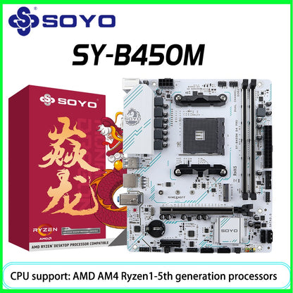 Placa-mãe SOYO Nova AMD B450M Memória DDR4 de canal duplo Placa-mãe AM4 PCI-E 3.0 NVME (suporta CPUs Ryzen 1000-5000 5600 5600G)