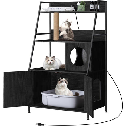 Caixa de Areia para Gatos com Estação de Carregamento e Prateleiras - Móvel Alto Escondido com Ajuste Universal, Armário de Armazenamento (Preto)