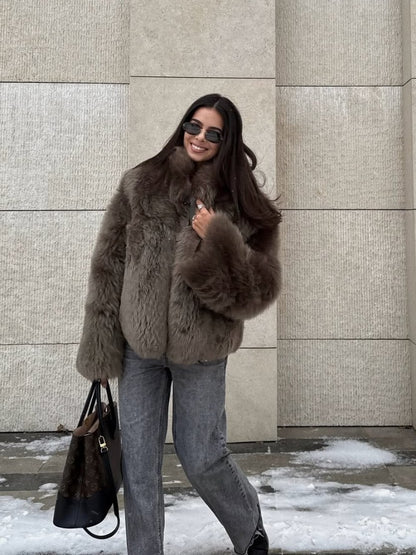 Winter Women Warm Faux Fur Coats Fashion Browns Long Sleeve Stand Collar Short Jackets 2025 Lady High Street Commute Outerwear