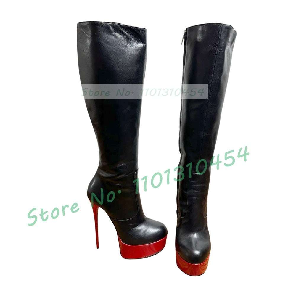 Red Platform Black Knee High Boots Ladies Round Toe Color Matching Stiletto Shoes Women Trendy Big Size Slim High Heels Boots