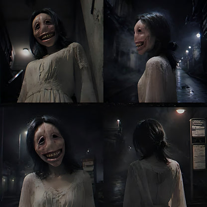 Scary Female Ghost Mask Long Hair Latex Mask Full Face Creepy Smile Halloween Cosplay Horror Party Haunted House Prop