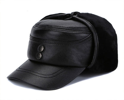 2025 New Style Men Ear Flap Genuine Leather Hat Winter Vintage Baseball Caps Thicken Warmer Flat Hats Fashion Real sheepskin Cap