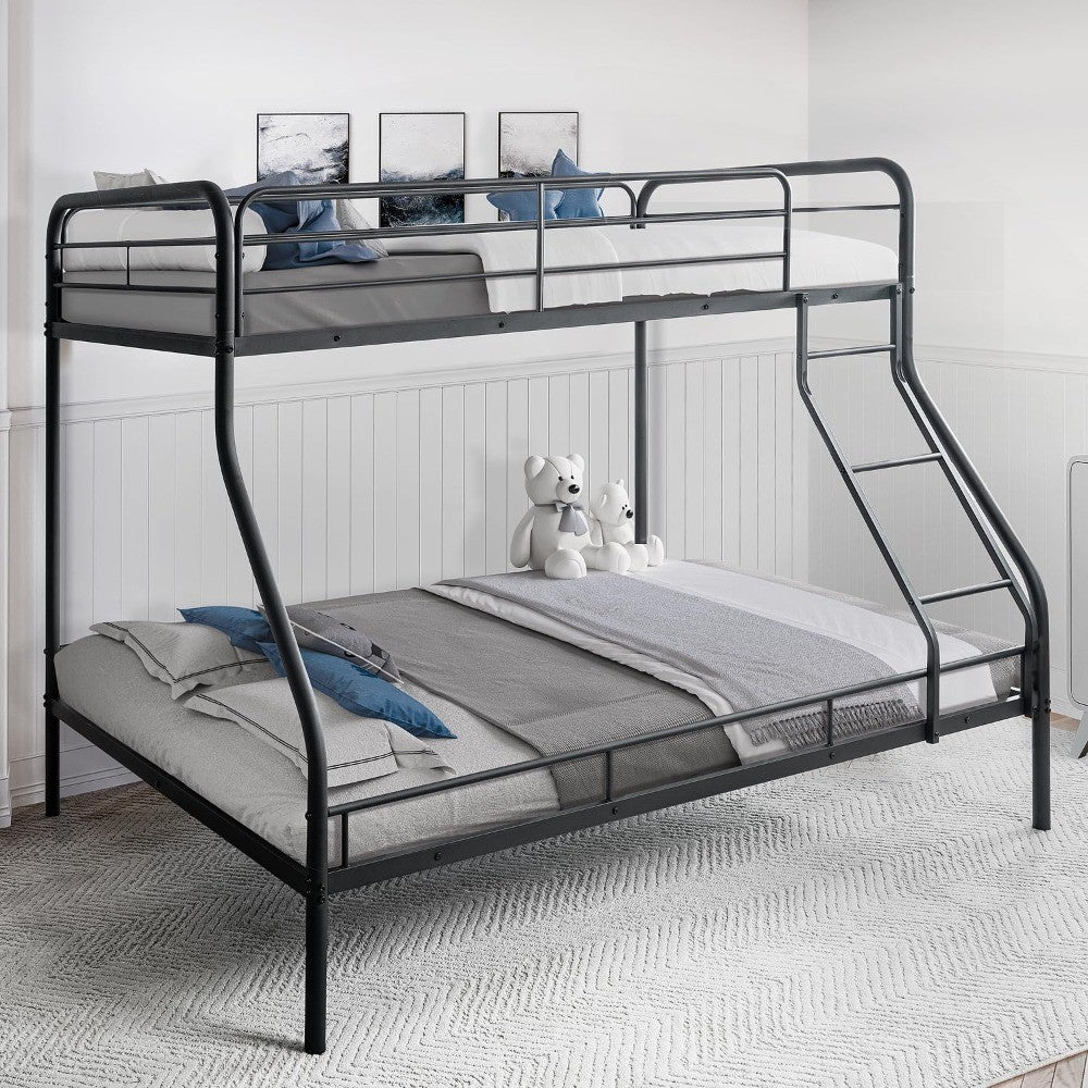 Twin Over Full Metal Bunk Bed with Safety Guardrails, 800 lbs Capacity, Angled Ladder, Underbed Storage, Black, Moder