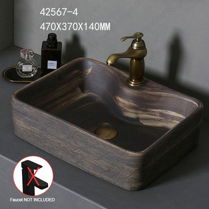 Cuba de Cerâmica Marrom para Lavatório de Banheiro Oval Artística para Mesa de Banheiro, Bacia de Lavar Roupa para Varanda, Bacia de Pedestal Acima do Balcão