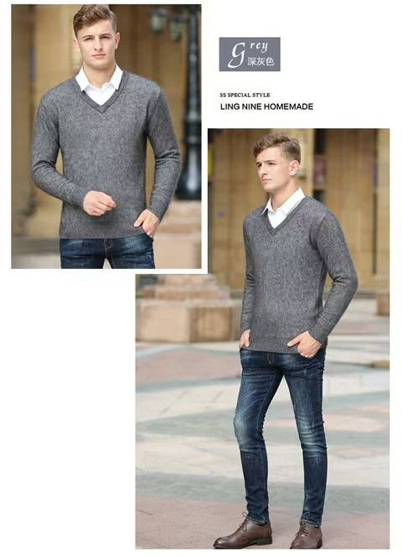 Autumn And Winter New Warm Pure Mink Cashmere Sweater Men's V-neck Pullover Thickened Plus Size Knitted Bottoming Shirt