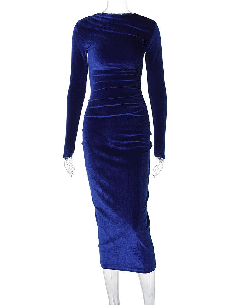 Dulzura 2024 Spring Summer Velvet Long Sleeve Midi Dress For Women Ruched Long D